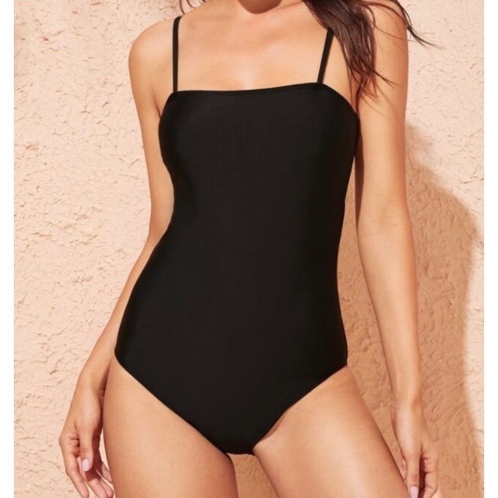 Shein black minimalistic one piece swimsuit square neck beach summer vacation
